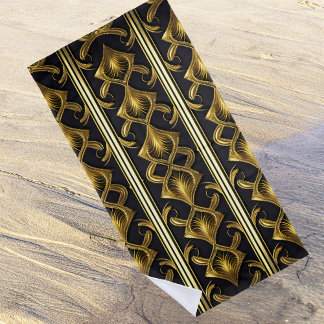 Elegant art deco pattern in black and gold beach towel