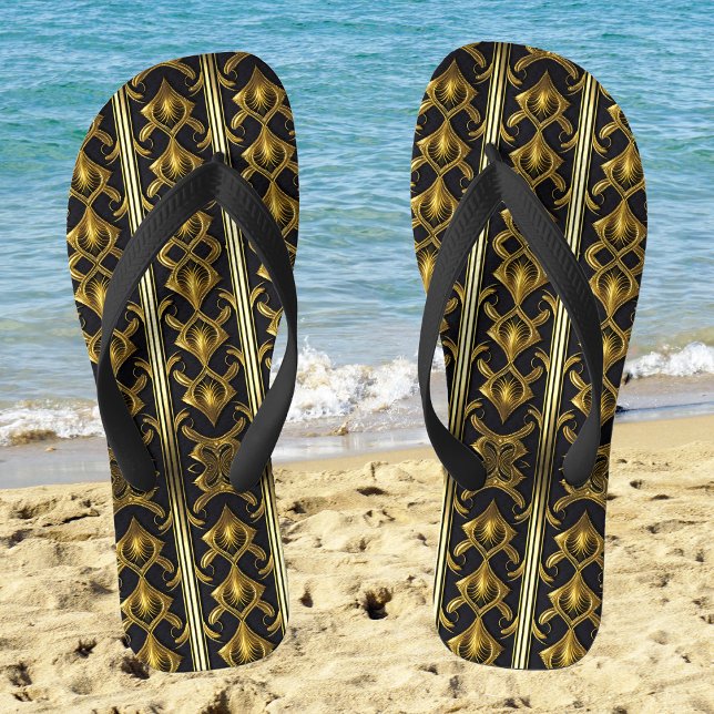 Elegant art deco pattern in black and gold flip flops (Creator Uploaded)
