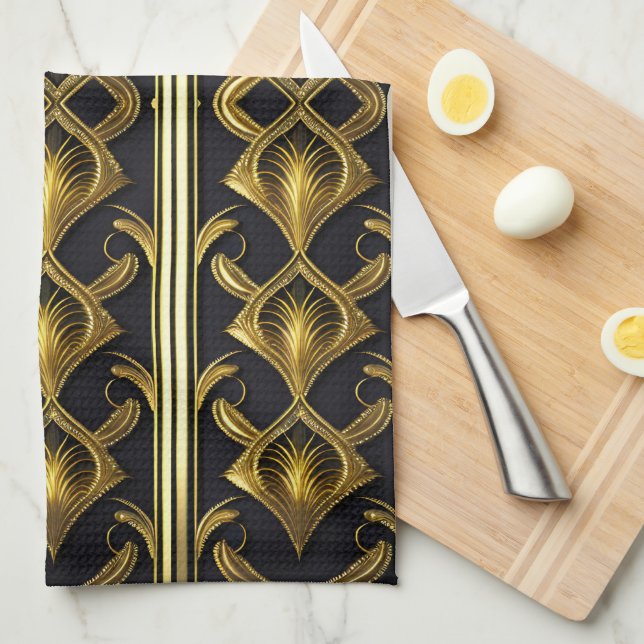 Elegant art deco pattern in black and gold kitchen towel (Quarter Fold)