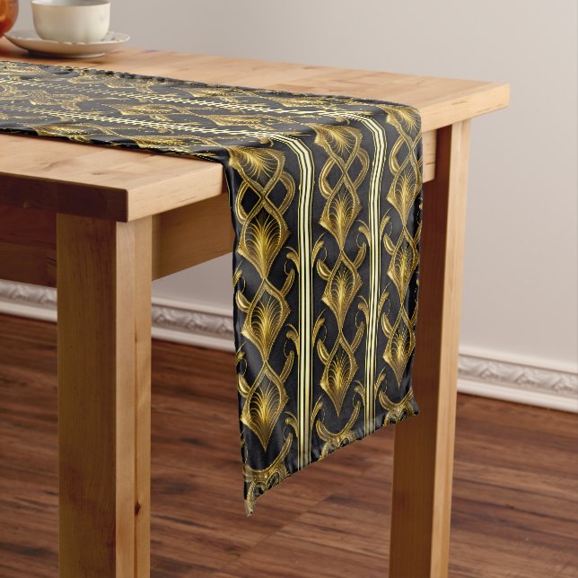 Elegant art deco pattern in black and gold short table runner (In Situ)