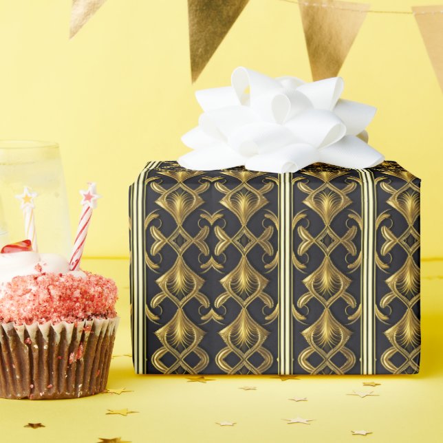 Elegant art deco pattern in black and gold wrapping paper (Birthday Party)