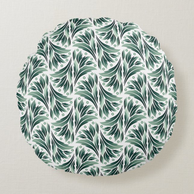 Elegant Art Deco Pattern with Green Foliage Round Pillow (Front)