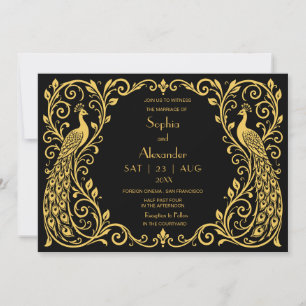 Elegant Art Deco Peacock Gold Black Wedding  Invitation