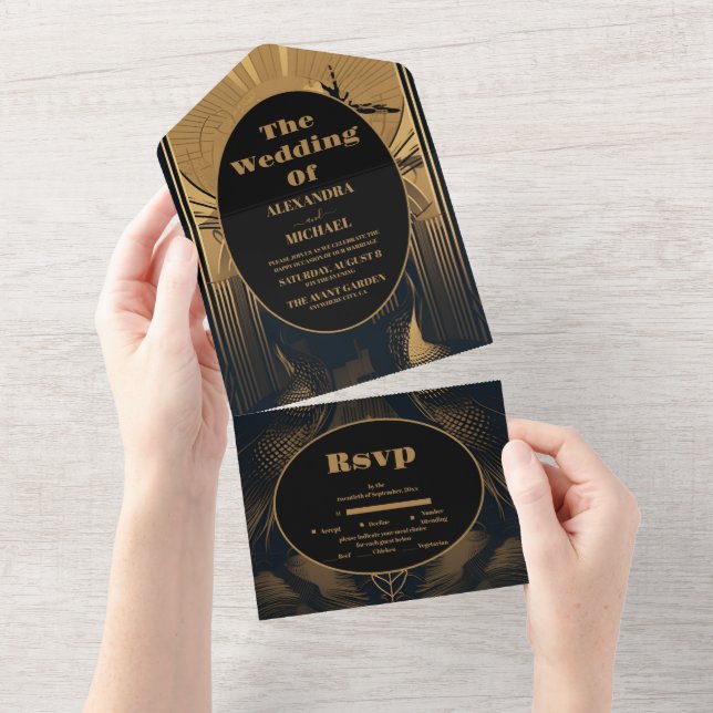 Elegant Art Deco Peacocks Wedding All In One Invitation (Tearaway)