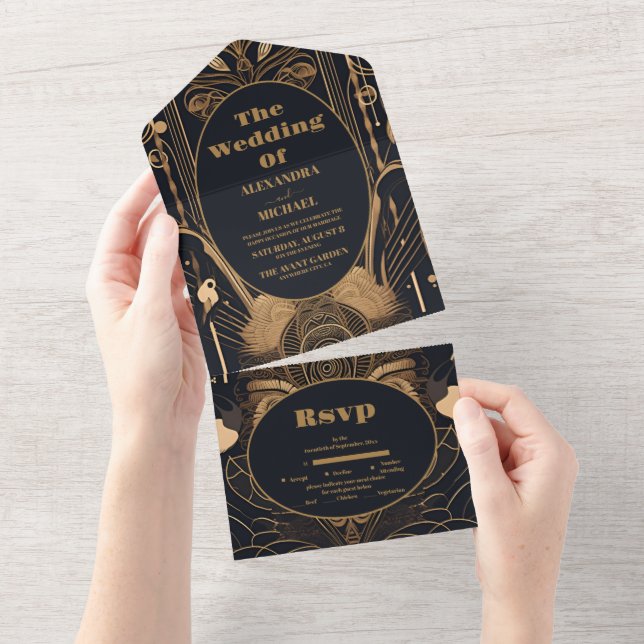 Elegant Art Deco Peacocks Wedding All In One Invitation (Tearaway)