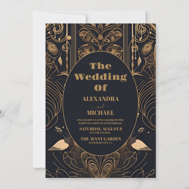 Elegant Art Deco Peacocks Wedding Invitation (Front)