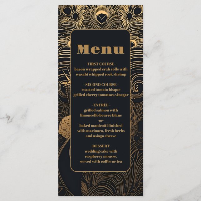 Elegant Art Deco Peacocks Wedding Menu (Front)