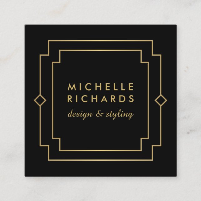 Elegant Art Deco Professional Black/Gold Square Business Card (Front)