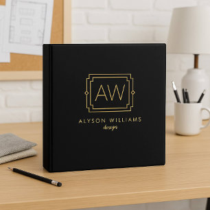 Elegant Art Deco Professional Monogram Black/Gold Binder