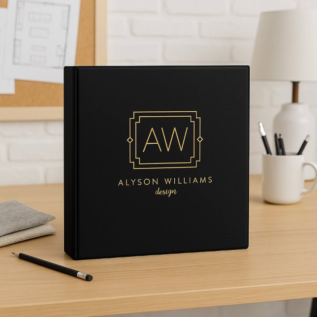 Elegant Art Deco Professional Monogram Black/Gold Binder (Creator Uploaded)