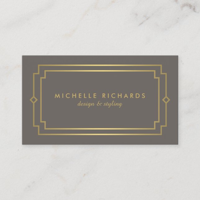 Elegant Art Deco Professional Taupe/Gold Business Card (Front)