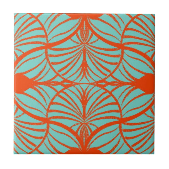 Elegant Art Deco Red & Turquoise Gouache Scallops Tile (Front)