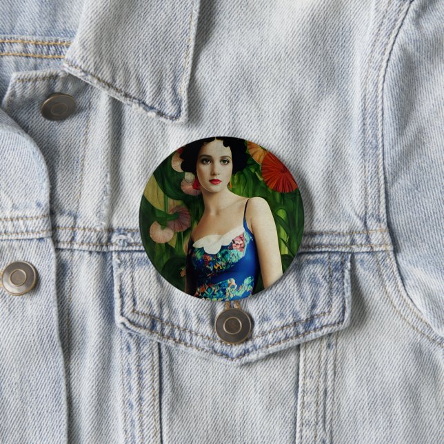 Elegant Art Deco Style Woman wth Large Flowers Art 3 Inch Round Button (In Situ)
