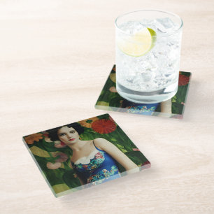 Elegant Art Deco Style Woman wth Large Flowers Art Glass Coaster