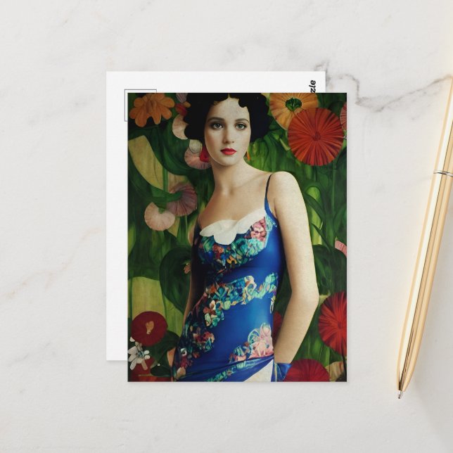 Elegant Art Deco Style Woman wth Large Flowers Art Postcard (Front/Back In Situ)