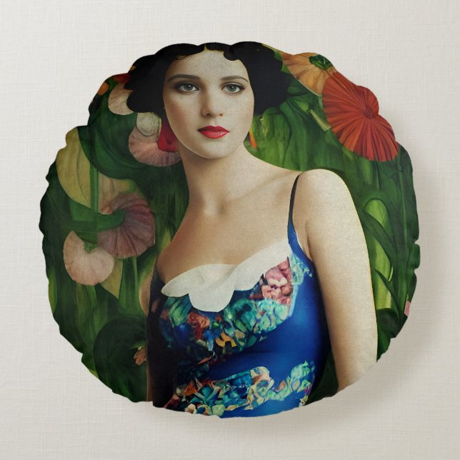 Elegant Art Deco Style Woman wth Large Flowers Art Round Pillow (Front)
