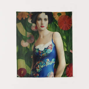 Elegant Art Deco Style Woman wth Large Flowers Art Tapestry