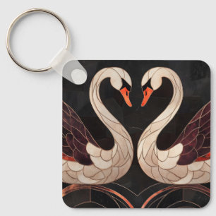 Elegant Art Deco Swans Forming a Heart Keychain