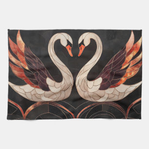 Elegant Art Deco Swans Forming a Heart Kitchen Towel