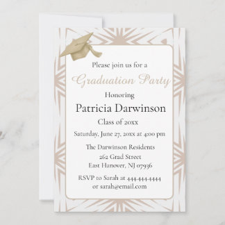 Elegant Art Deco Tan and White Graduation Party  Invitation