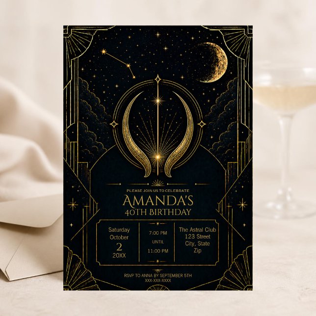 Elegant Art Deco Taurus 40th Birthday Invitation | (Dark Art Deco Taurus zodiac 40th birthday invitation featuring celestial details, vintage-inspired)