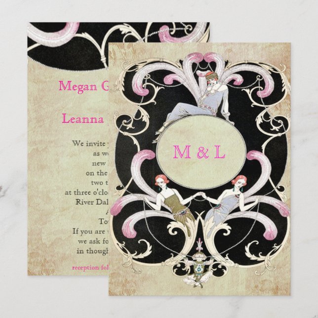 Elegant, Art Deco, Wedding Invitation Gay Lesbian (Front/Back)