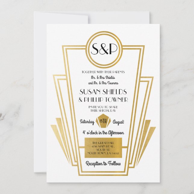 Elegant Art Deco Wedding Invitations White Gold (Front)