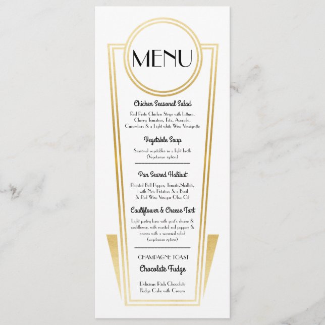 Elegant Art Deco Wedding Menu Gold White Reception (Front)
