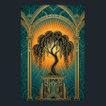 Elegant Art Deco Weeping Willow Gold & Teal Poster<br><div class="desc">Infuse your home with the tranquil beauty of this Art Deco weeping willow illustration. Featuring a graceful, winding black silhouette of a willow tree with cascading leaves, set against a radiant orange sunburst. The tree stands proudly on an ornate, tiered geometric pedestal, framed by grand teal archways and classical pillars....</div>