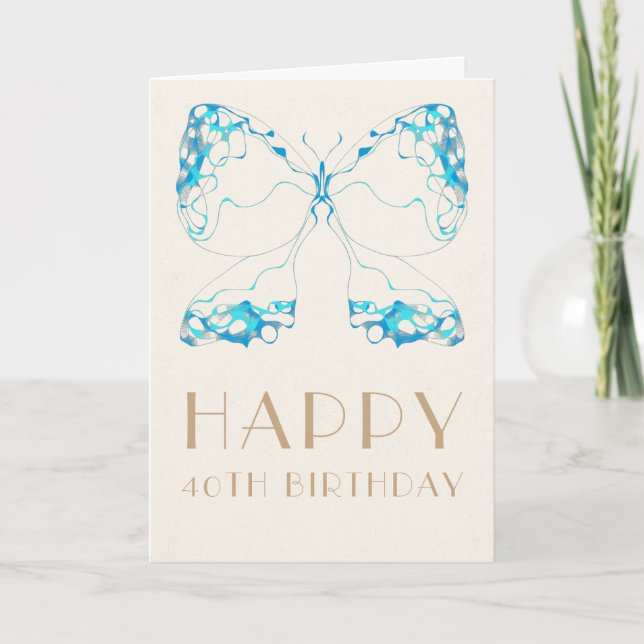 Elegant Art Deco Whimsical Blue Butterfly Birthday Card (Front)