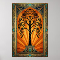 Elegant Art Deco Willow Tree Sunset Gold