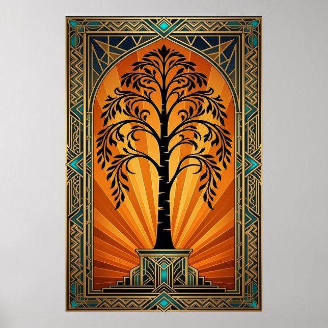 Elegant Art Deco Willow Tree Sunset Gold Poster (Front)