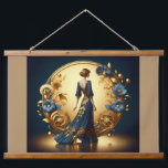 Elegant Art Deco Woman in Gold and Blue Hanging Tapestry<br><div class="desc">This stunning art deco illustration captures the timeless elegance of a poised woman in a flowing navy-blue gown adorned with intricate gold floral embellishments. Framed by a luxurious golden arch with ornate decorative patterns and delicate blue and gold flowers, the composition exudes sophistication and vintage glamour. The harmonious blend of...</div>