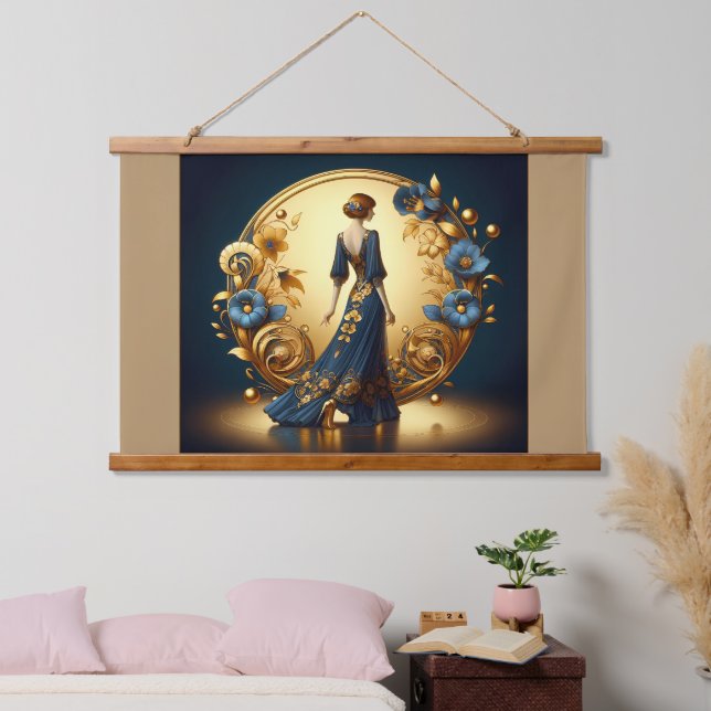 Elegant Art Deco Woman in Gold and Blue Hanging Tapestry (Bedroom)