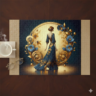 Elegant Art Deco Woman in Gold and Blue Jigsaw Puzzle