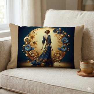 Elegant Art Deco Woman in Gold and Blue Lumbar Pillow