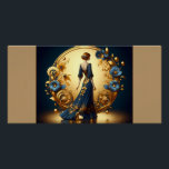 Elegant Art Deco Woman in Gold and Blue Metal Prin Poster<br><div class="desc">This stunning art deco illustration captures the timeless elegance of a poised woman in a flowing navy-blue gown adorned with intricate gold floral embellishments. Framed by a luxurious golden arch with ornate decorative patterns and delicate blue and gold flowers, the composition exudes sophistication and vintage glamour. The harmonious blend of...</div>