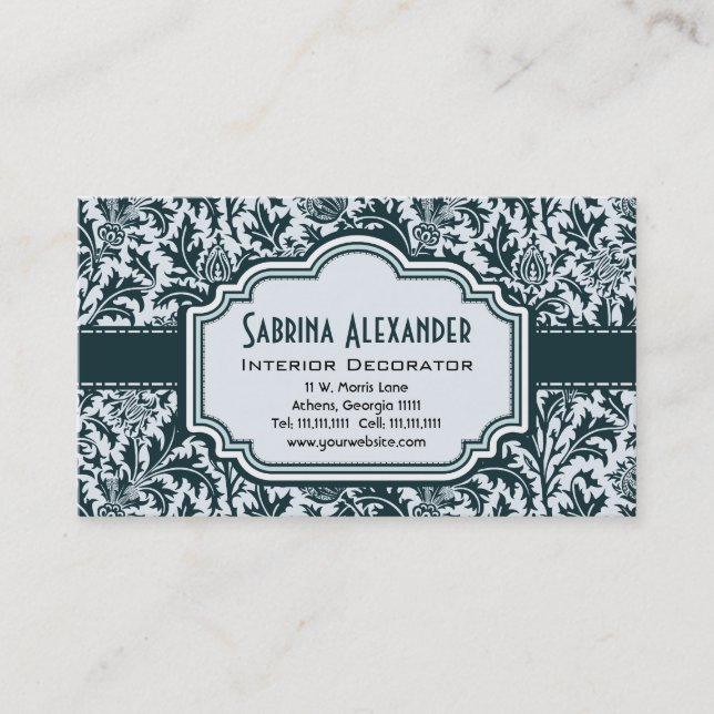 Elegant Art Nouveau Arts and Crafts Green Pattern Business Card (Front)