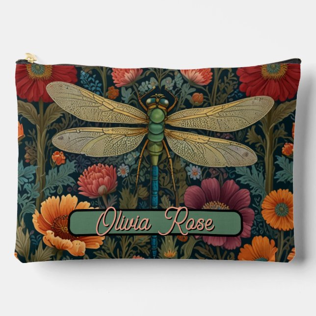 Elegant art nouveau Autumn floral Dragonfly Accessory Pouch (Front)