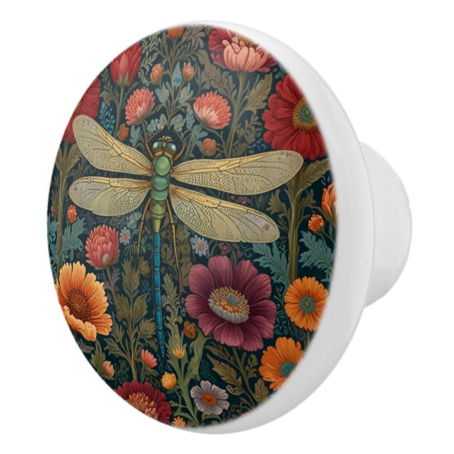 Elegant art nouveau Autumn floral Dragonfly Ceramic Knob (Right)