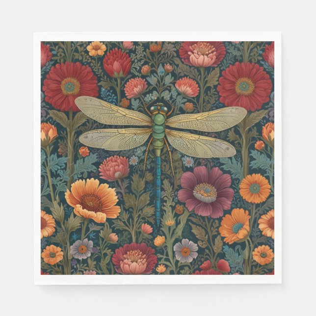 Elegant art nouveau Autumn floral Dragonfly Napkin (Front)