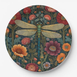 Elegant art nouveau Autumn floral Dragonfly Paper Plate