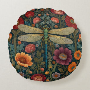 Elegant art nouveau Autumn floral Dragonfly Round Pillow