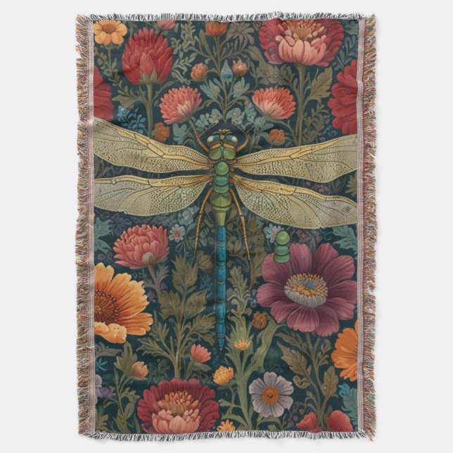 Elegant art nouveau Autumn floral Dragonfly Throw Blanket (Front Vertical)
