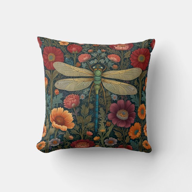 Elegant art nouveau Autumn floral Dragonfly Throw Pillow (Front)