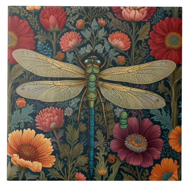 Elegant art nouveau Autumn floral Dragonfly Tile (Front)