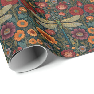 Elegant art nouveau Autumn floral Dragonfly Wrapping Paper