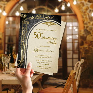 Elegant Art Nouveau Black & Gold Floral Birthday Invitation