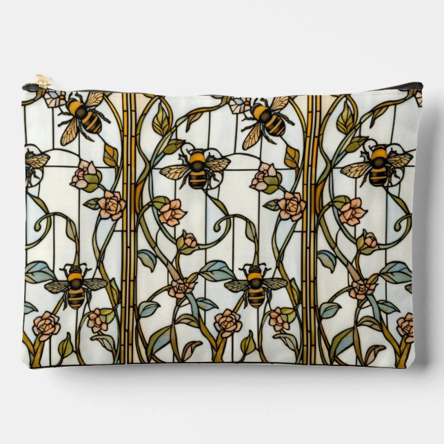 Elegant art nouveau botanical  bee stain glass accessory pouch (Front)