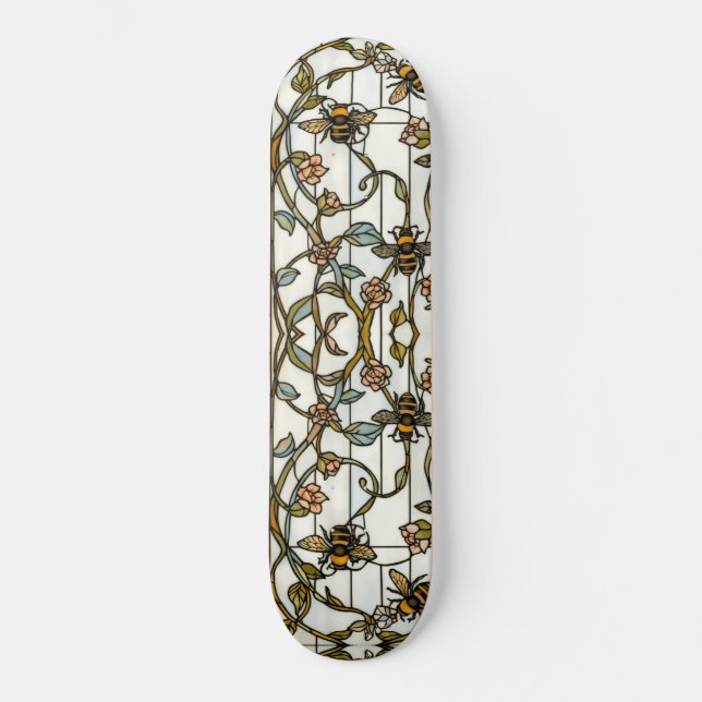 Elegant art nouveau botanical  bee stain glass skateboard (Front)
